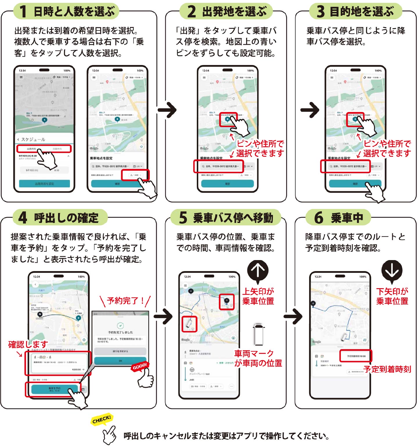 日時と人数を選ぶ、出発地を選ぶ、目的地を選ぶ、呼出しの確定、乗車バス停へ移動、乗車中