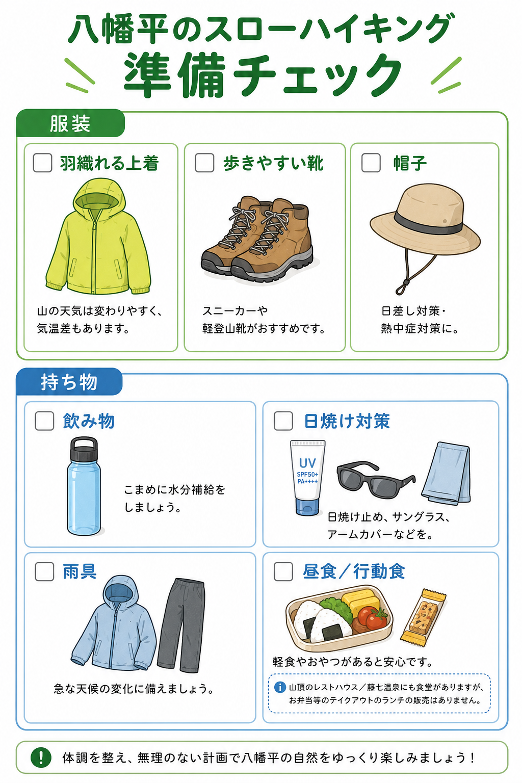 八幡平のスローハイキング 準備チェック。服装：羽織れる上着（山の天気は変わりやすく気温差もあります）、歩きやすい靴（スニーカーや軽登山靴がおすすめ）、帽子（日差し対策・熱中症対策に）。持ち物：飲み物（こまめに水分補給を）、日焼け対策（日焼け止め・サングラス・アームカバーなど）、雨具（急な天候の変化に備えて）、昼食／行動食（軽食やおやつがあると安心。山頂レストハウスや藤七温泉に食堂はありますが、ランチ向けのテイクアウトは限られます）。熊鈴など熊よけの対策も。体調を整え、無理のない計画で八幡平の自然をゆっくり楽しみましょう。